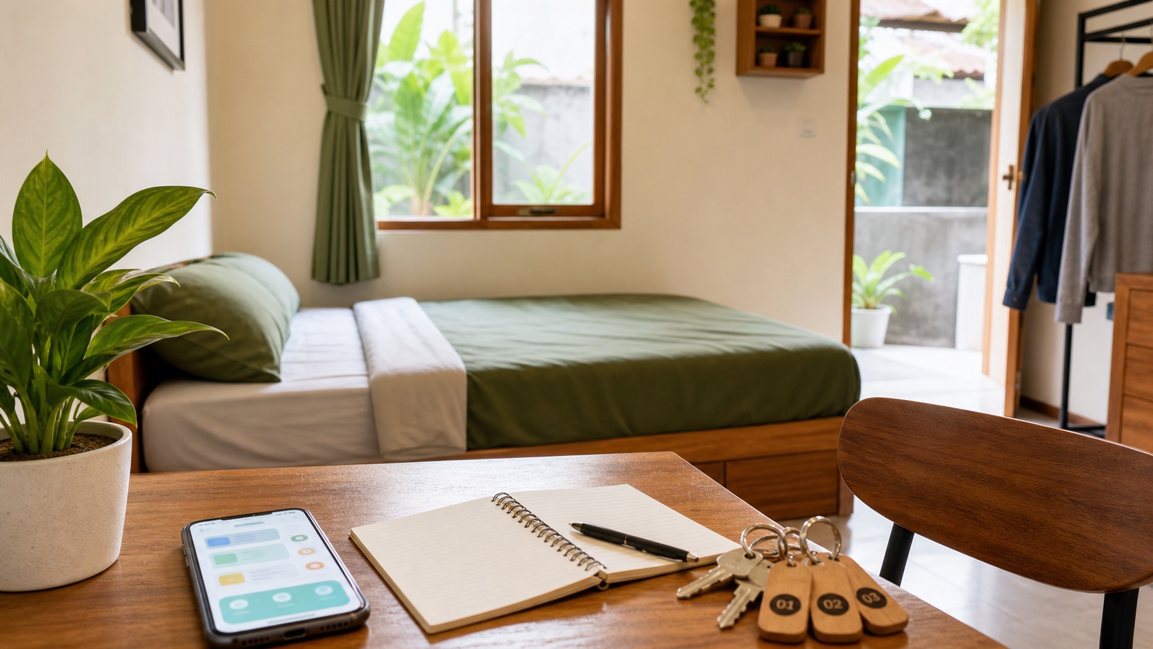Kamar kos yang rapi dengan kunci kamar, buku catatan, dan aplikasi pengelolaan kos di meja